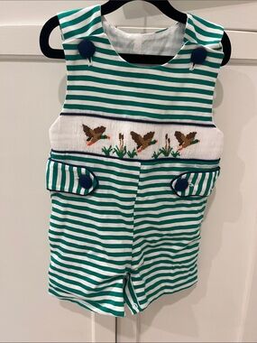 Babeeni Green & White Striped Kids Romper with Duck Embroidery 9m